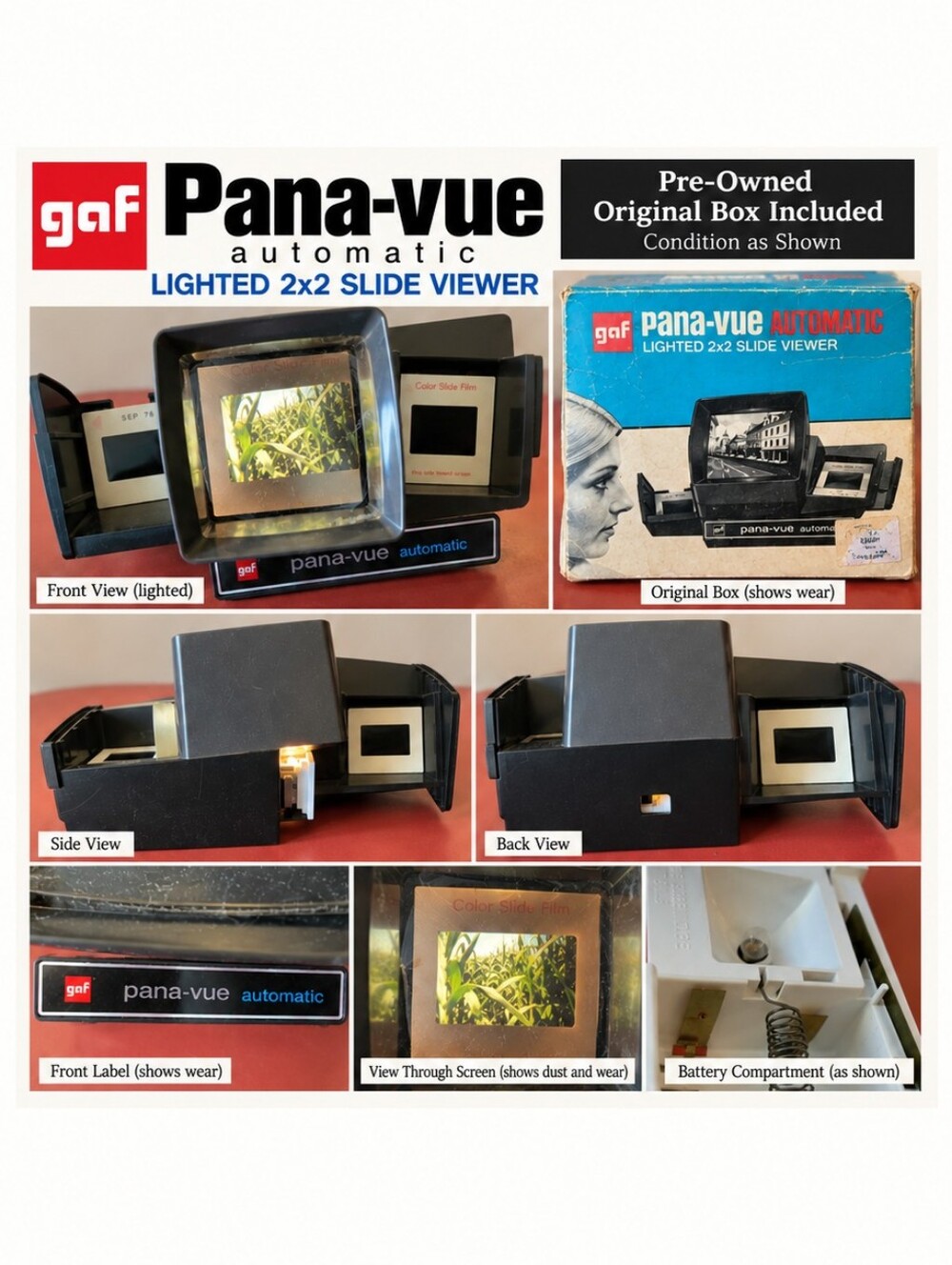 Vintage GAF Pana-Vue Automatic Lighted 2x2 Slide Viewer Original Box
